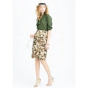 J.Crew Pencil Skirt Womens Size 12 Gold Foil Leaf Cotton Lined Back Vent 23"